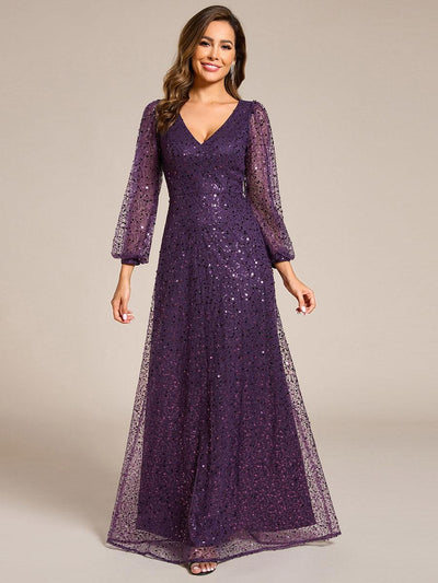 ever RAYVEN|Robe de soirée trapèze à paillettes col en V manches longues et paillettes