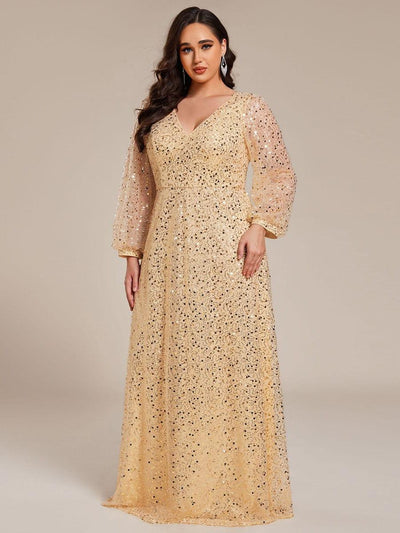 pretty RAYVEN|Robe de soirée grande taille trapèze à paillettes col V manches longues et paillettes