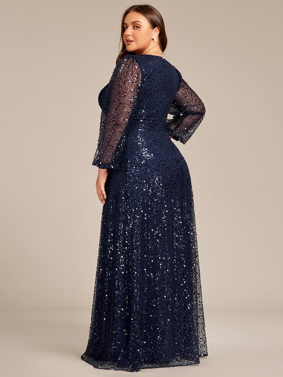 Grande taille Robe de soirée trapèze à paillettes col en V manches longues et paillettes#Couleur_Bleu Marine