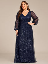 Grande taille Robe de soirée trapèze à paillettes col en V manches longues et paillettes#Couleur_Bleu Marine