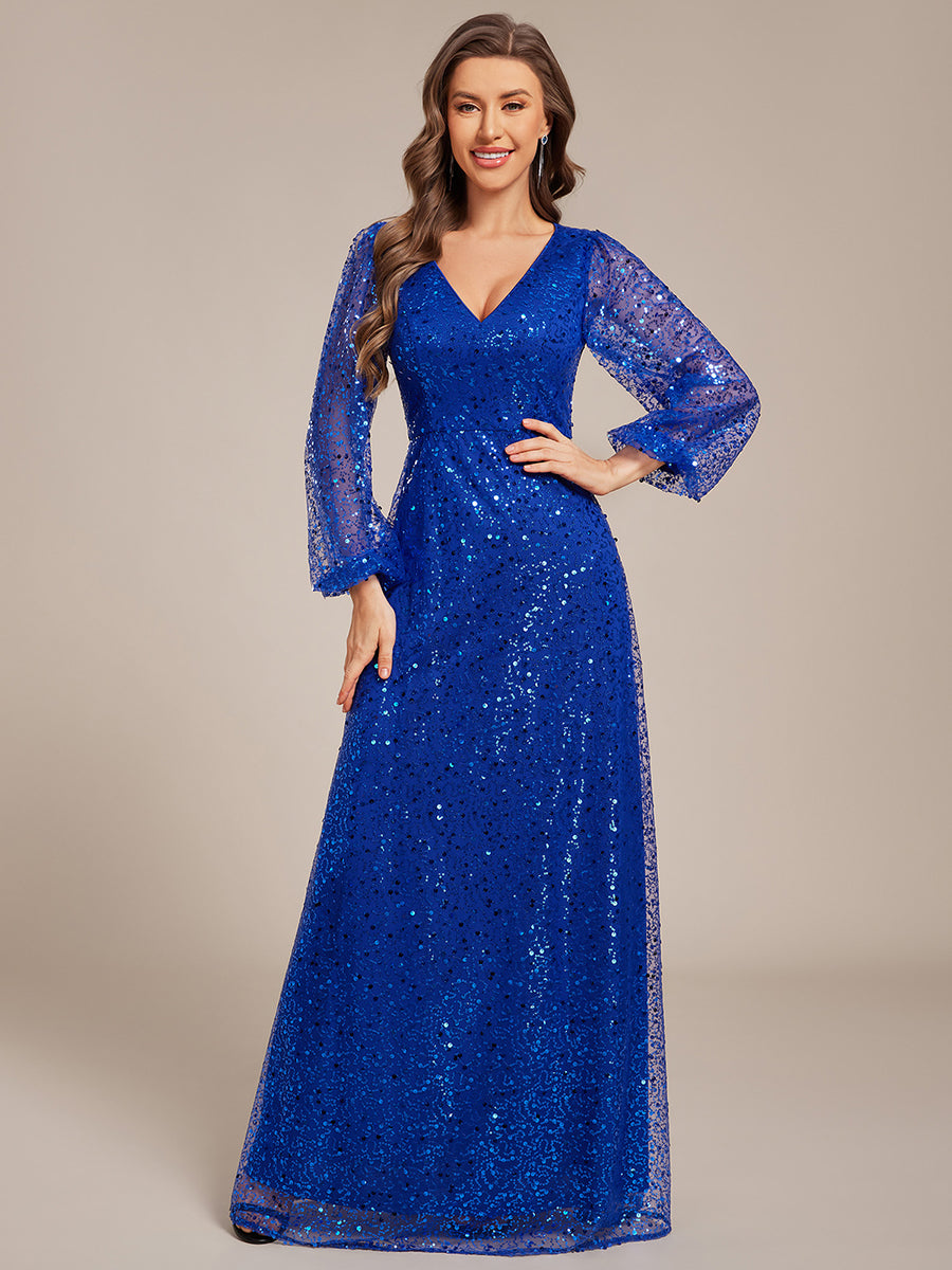 Robe D'invité De Mariage En Mousseline De Soie Mi-Longue Plissée à Manches à Volants Et Col En V  #Couleur_Bleu Saphir