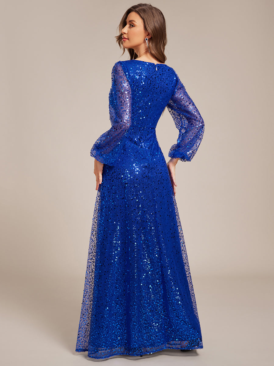 Robe D'invité De Mariage En Mousseline De Soie Mi-Longue Plissée à Manches à Volants Et Col En V  #Couleur_Bleu Saphir