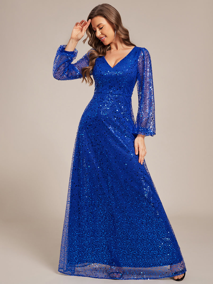 Robe D'invité De Mariage En Mousseline De Soie Mi-Longue Plissée à Manches à Volants Et Col En V  #Couleur_Bleu Saphir