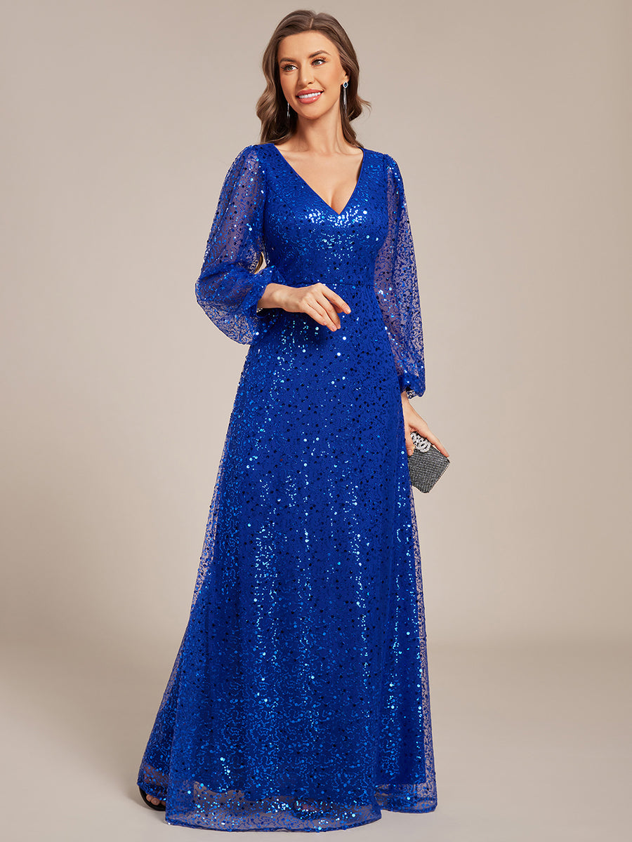 Robe D'invité De Mariage En Mousseline De Soie Mi-Longue Plissée à Manches à Volants Et Col En V  #Couleur_Bleu Saphir
