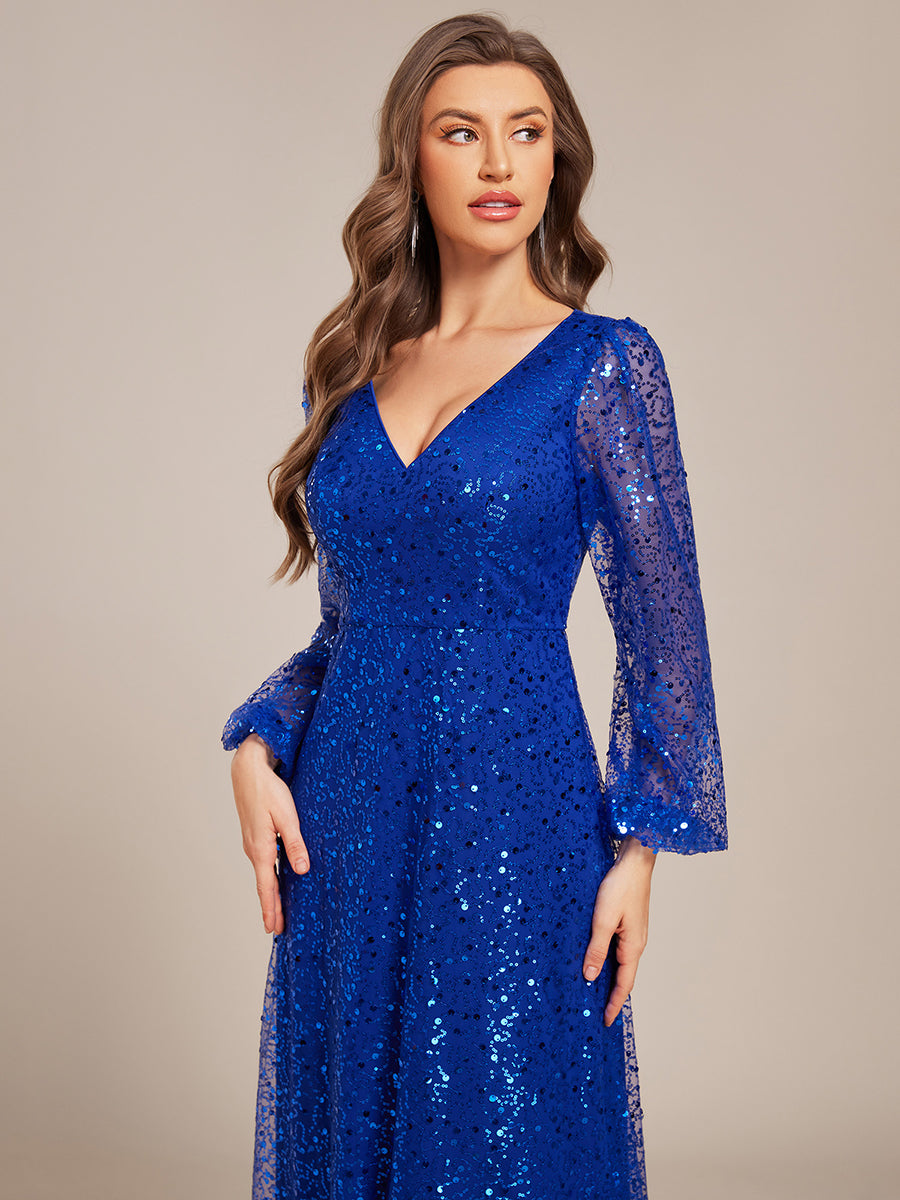 Robe D'invité De Mariage En Mousseline De Soie Mi-Longue Plissée à Manches à Volants Et Col En V  #Couleur_Bleu Saphir