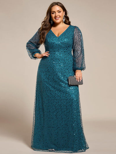 pretty RAYVEN|Robe de soirée grande taille trapèze à paillettes col V manches longues et paillettes
