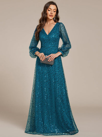 ever RAYVEN|Robe de soirée trapèze à paillettes col en V manches longues et paillettes