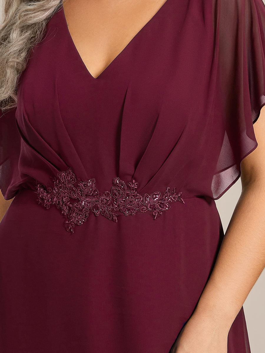 Robe Formelle élégante à Manches Courtes Et Taille Trapèze Avec Ourlet En Feuille De Lotus #Couleur_Bordeaux