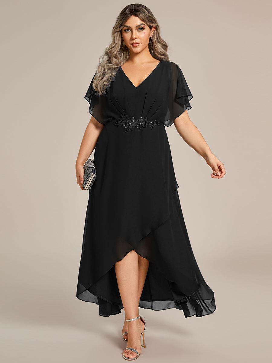 Robe De Soirée En Mousseline De Soie Col En V Manches Chauve-Souris Taille Trapèze Grande Taille #Couleur_Noir