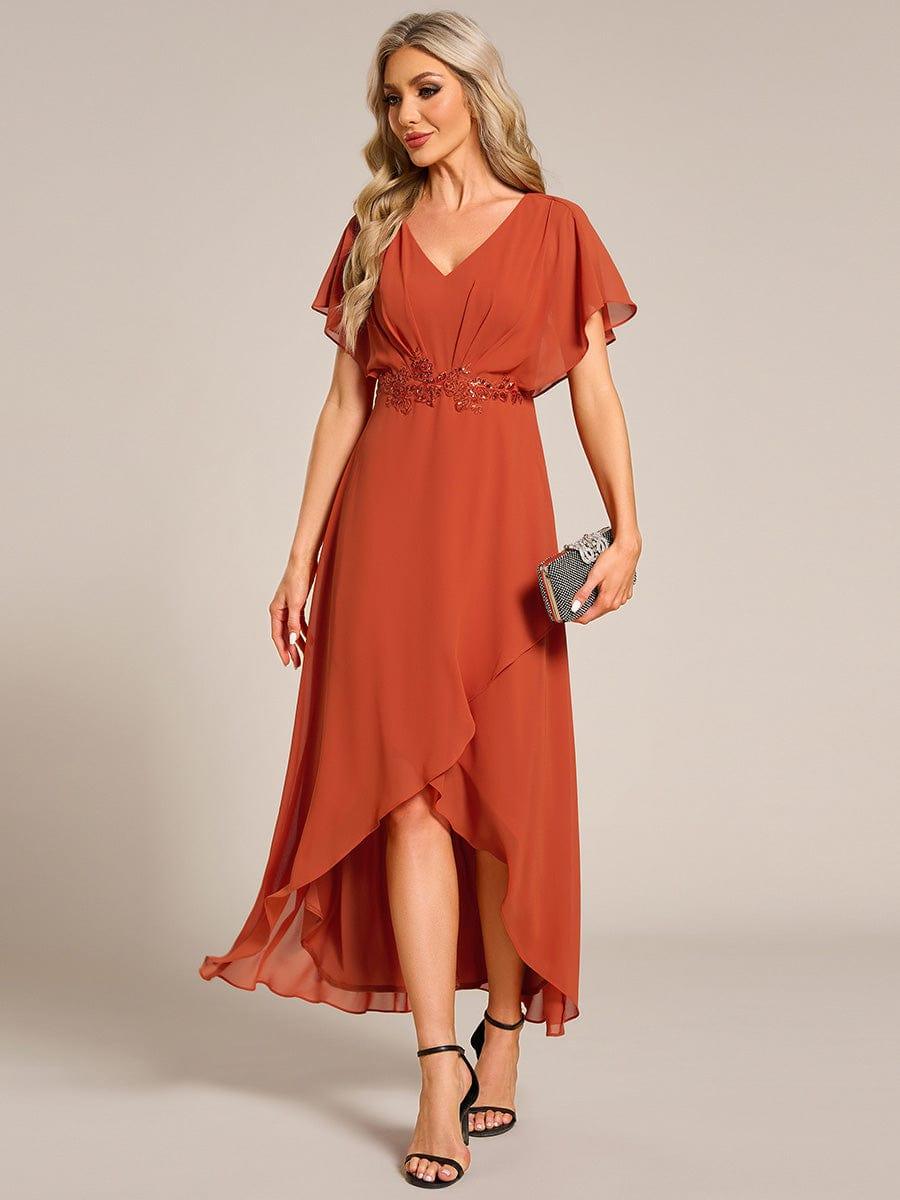 Robe Formelle élégante à Manches Courtes Et Taille Trapèze Avec Ourlet En Feuille De Lotus #Couleur_Orange Br?lée