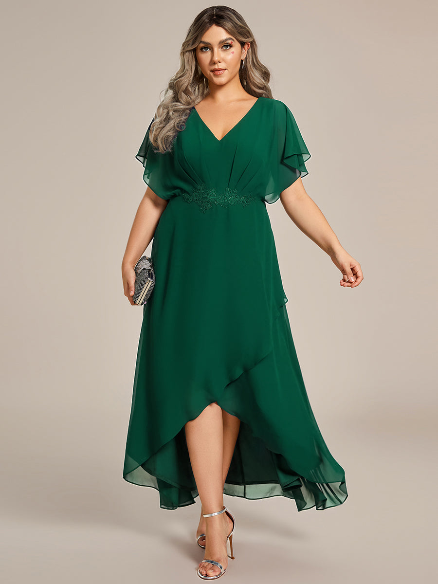 Robe D'invité De Mariage En Mousseline De Soie Mi-Longue Plissée à Manches à Volants Et Col En V #Couleur_Vert Fonce