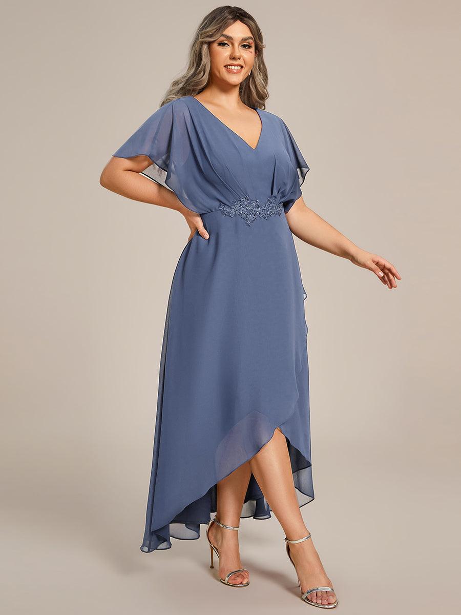 Robe Formelle élégante à Manches Courtes Et Taille Trapèze Avec Ourlet En Feuille De Lotus #Couleur_Marine Fume