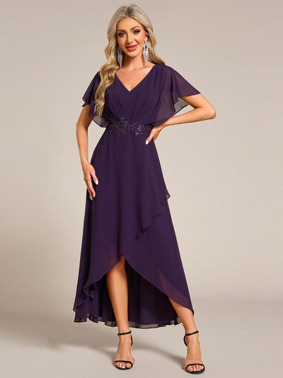 ever LILAS|Robe Formelle élégante à Manches Courtes Et Taille Trapèze Avec Ourlet En Feuille De Lotus