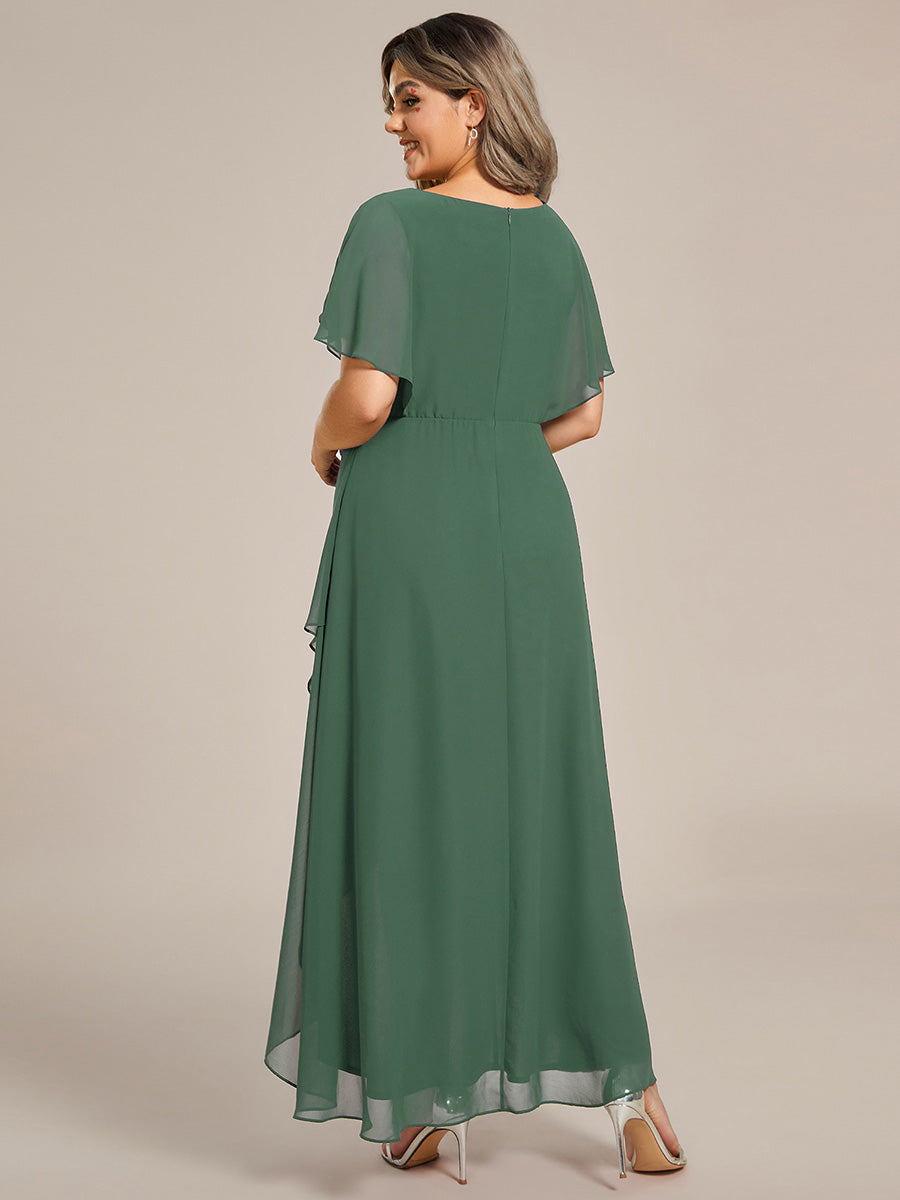 Robe D'invité De Mariage En Mousseline De Soie Mi-Longue Plissée à Manches à Volants Et Col En V  #Couleur_Eucalyptus