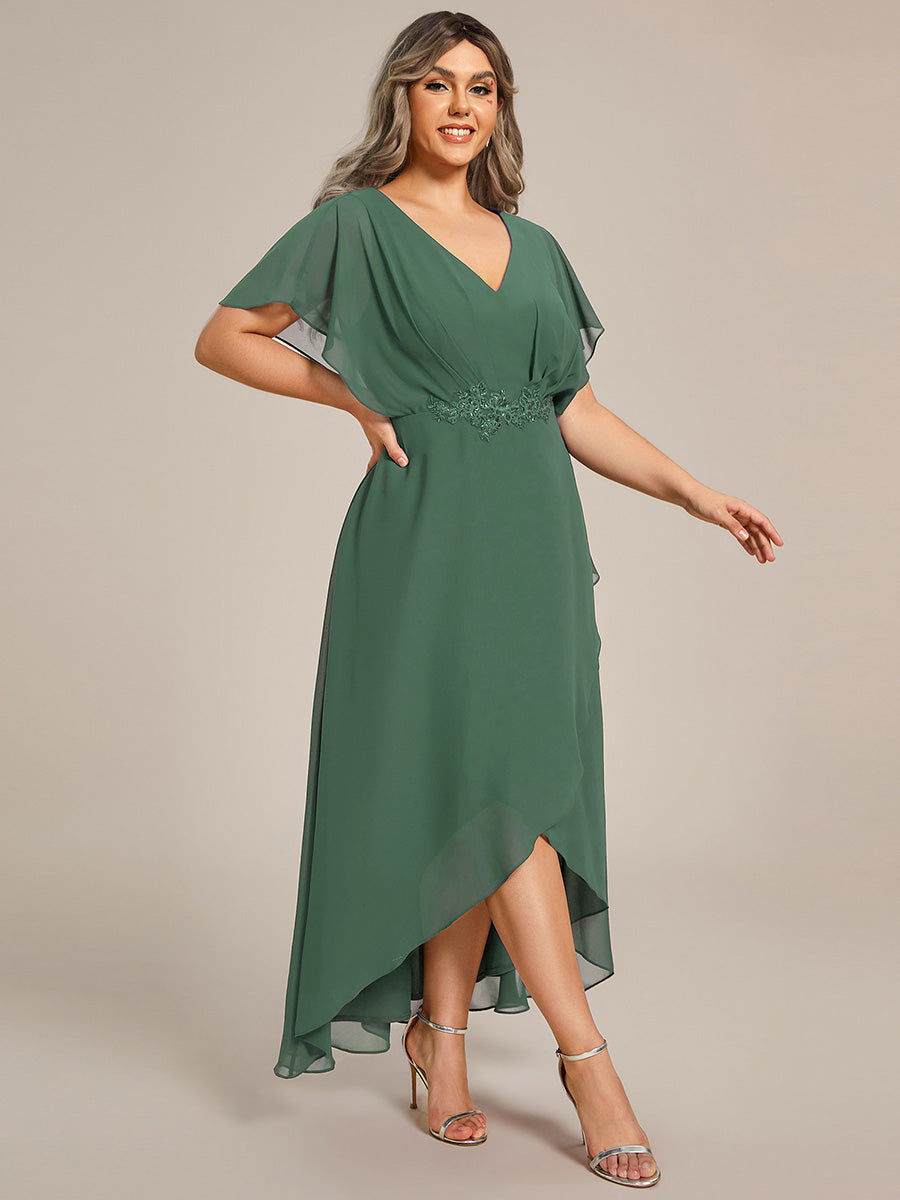 Robe D'invité De Mariage En Mousseline De Soie Mi-Longue Plissée à Manches à Volants Et Col En V  #Couleur_Eucalyptus