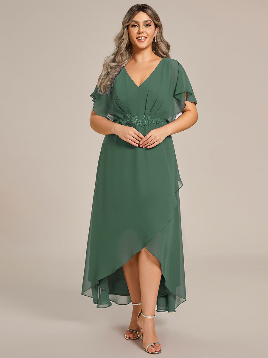 Robe D'invité De Mariage En Mousseline De Soie Mi-Longue Plissée à Manches à Volants Et Col En V  #Couleur_Eucalyptus