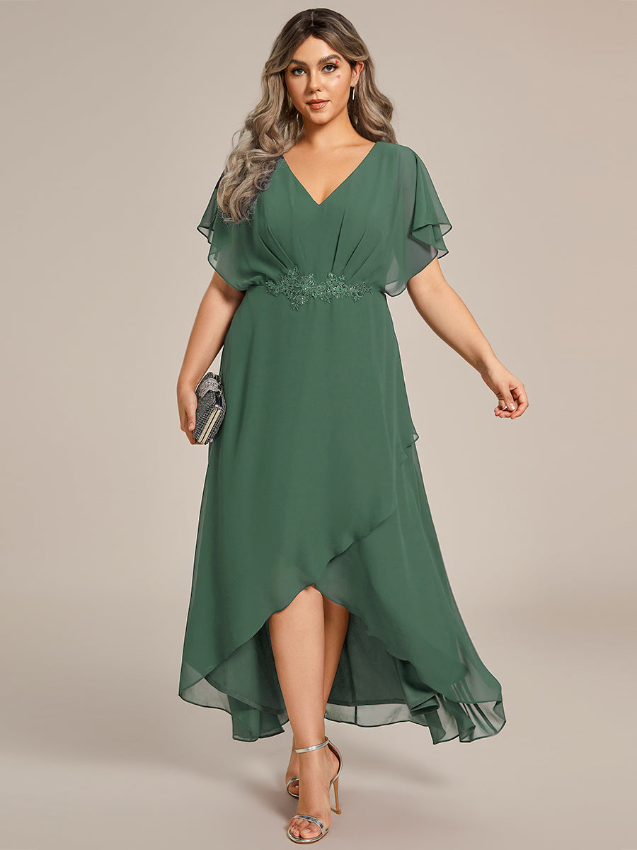 Robe D'invité De Mariage En Mousseline De Soie Mi-Longue Plissée à Manches à Volants Et Col En V  #Couleur_Eucalyptus