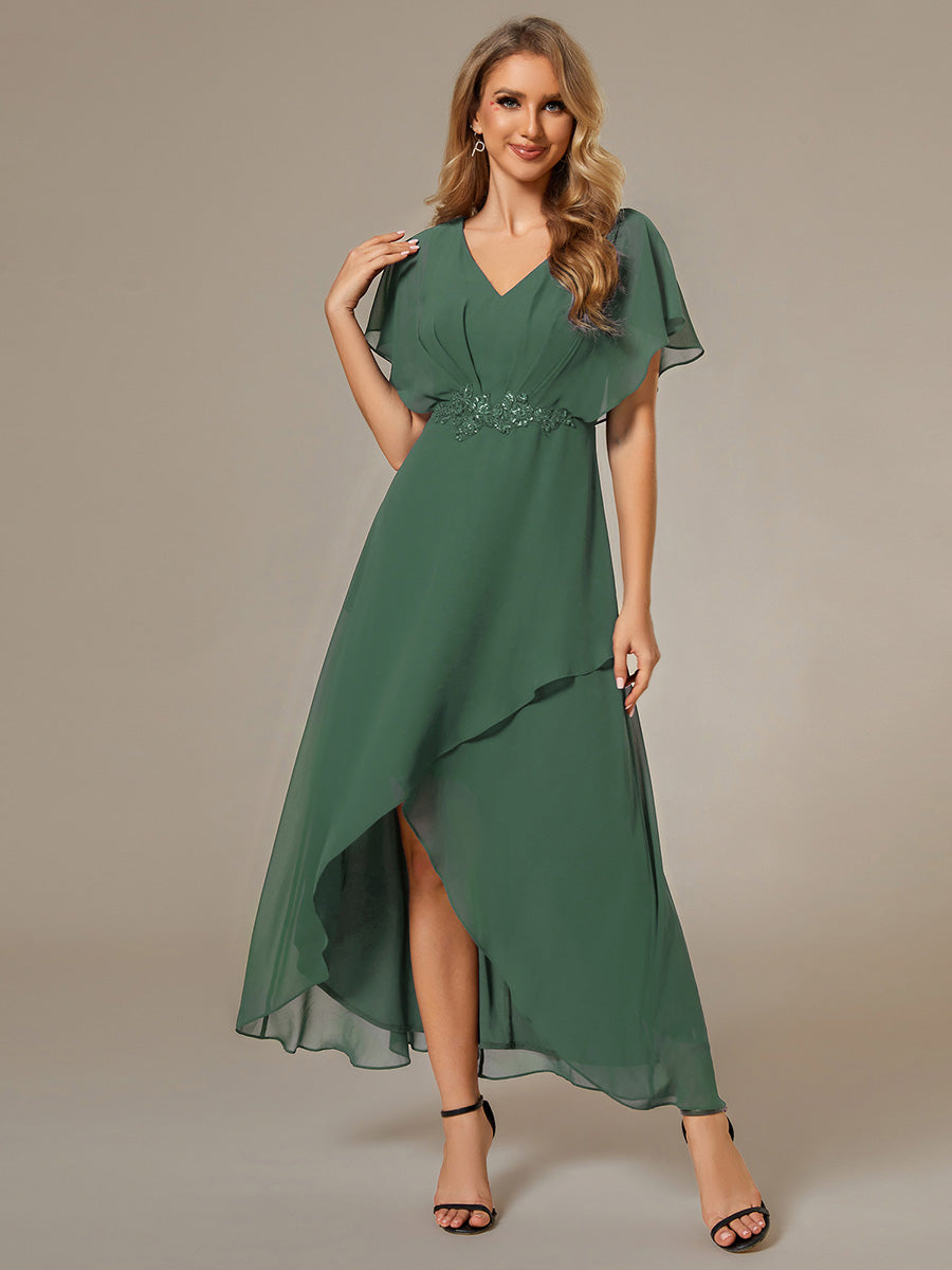 Robe D'invité De Mariage En Mousseline De Soie Mi-Longue Plissée à Manches à Volants Et Col En V  #Couleur_Eucalyptus