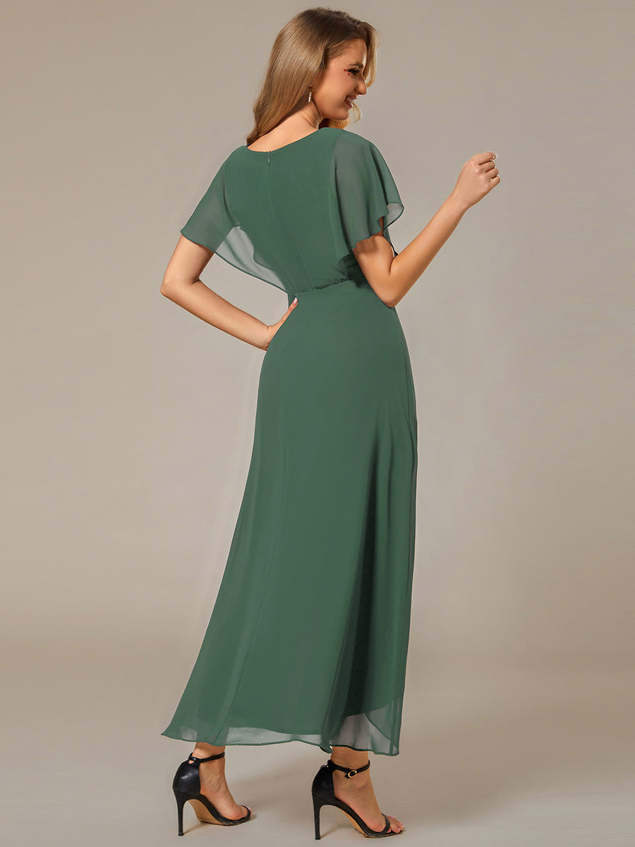 Robe D'invité De Mariage En Mousseline De Soie Mi-Longue Plissée à Manches à Volants Et Col En V  #Couleur_Eucalyptus