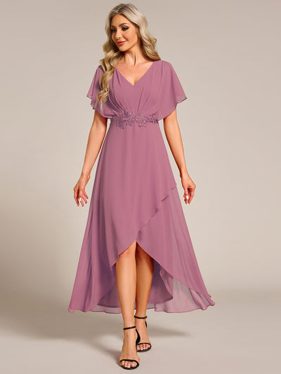 ever LILAS|Robe Formelle élégante à Manches Courtes Et Taille Trapèze Avec Ourlet En Feuille De Lotus