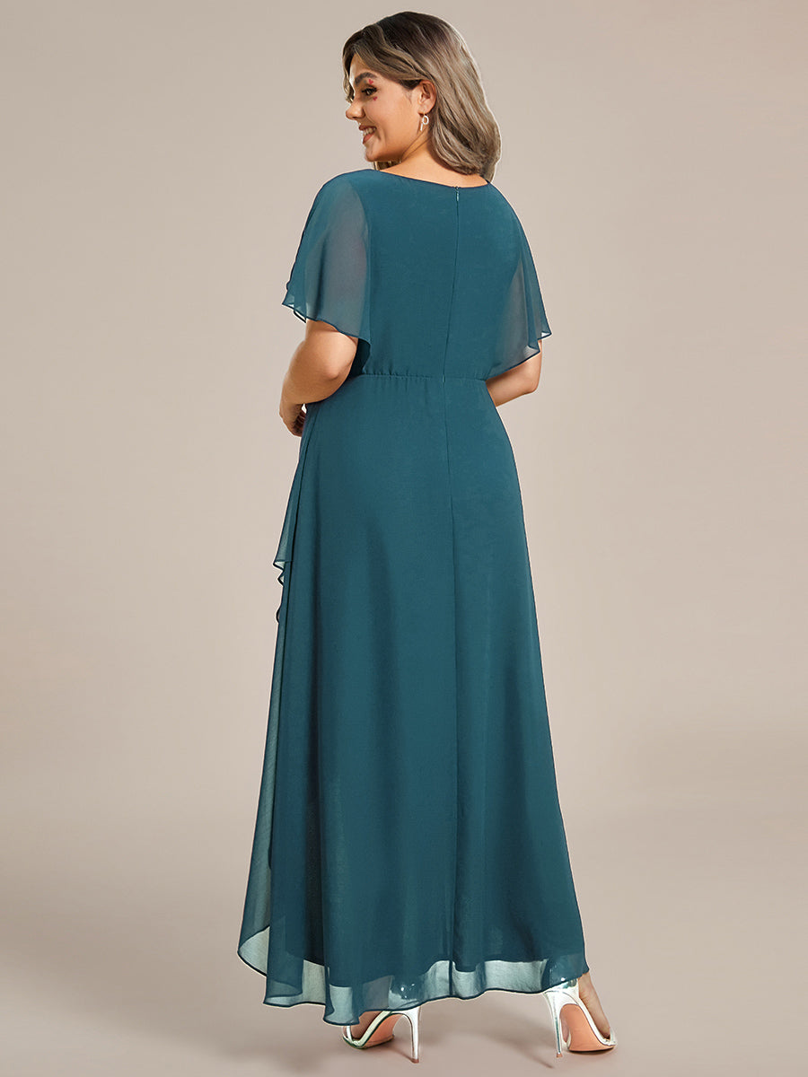 Robe D'invité De Mariage En Mousseline De Soie Mi-Longue Plissée à Manches à Volants Et Col En V #Couleur_Bleu Sarcelle