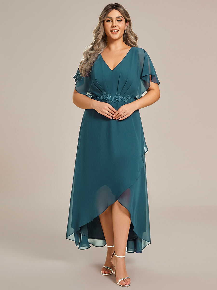 Robe D'invité De Mariage En Mousseline De Soie Mi-Longue Plissée à Manches à Volants Et Col En V #Couleur_Bleu Sarcelle