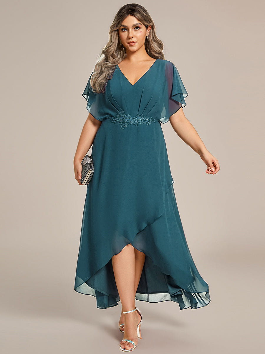 Robe D'invité De Mariage En Mousseline De Soie Mi-Longue Plissée à Manches à Volants Et Col En V #Couleur_Bleu Sarcelle