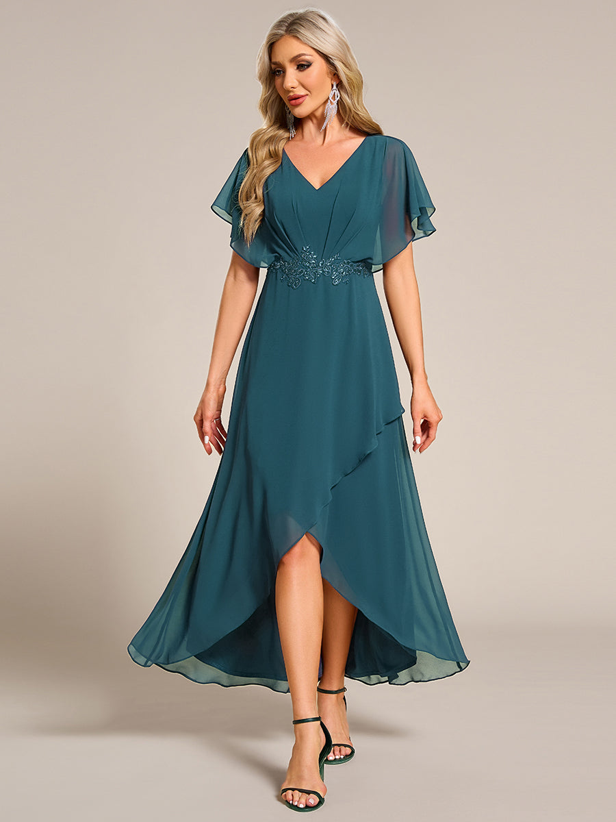 Robe D'invité De Mariage En Mousseline De Soie Mi-Longue Plissée à Manches à Volants Et Col En V #Couleur_Bleu Sarcelle