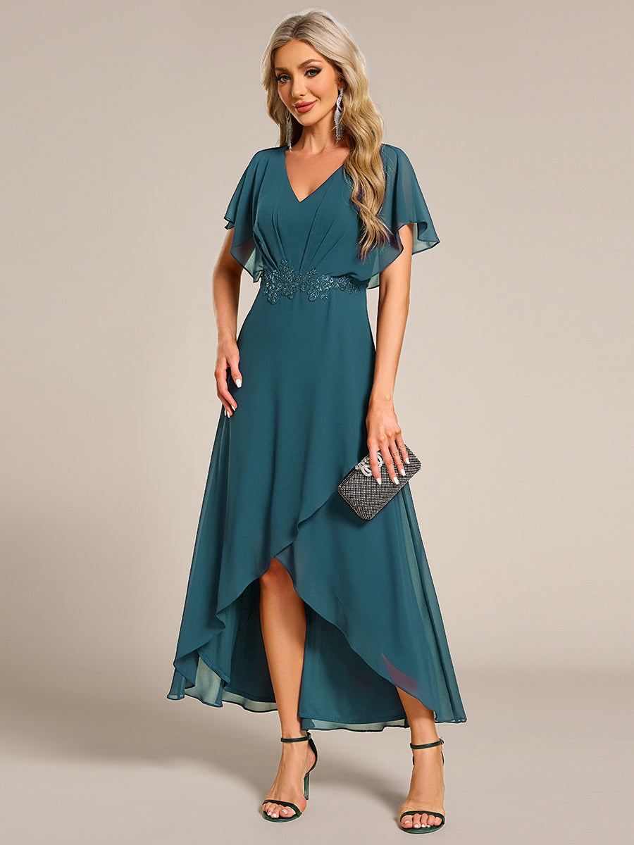 Robe D'invité De Mariage En Mousseline De Soie Mi-Longue Plissée à Manches à Volants Et Col En V #Couleur_Bleu Sarcelle