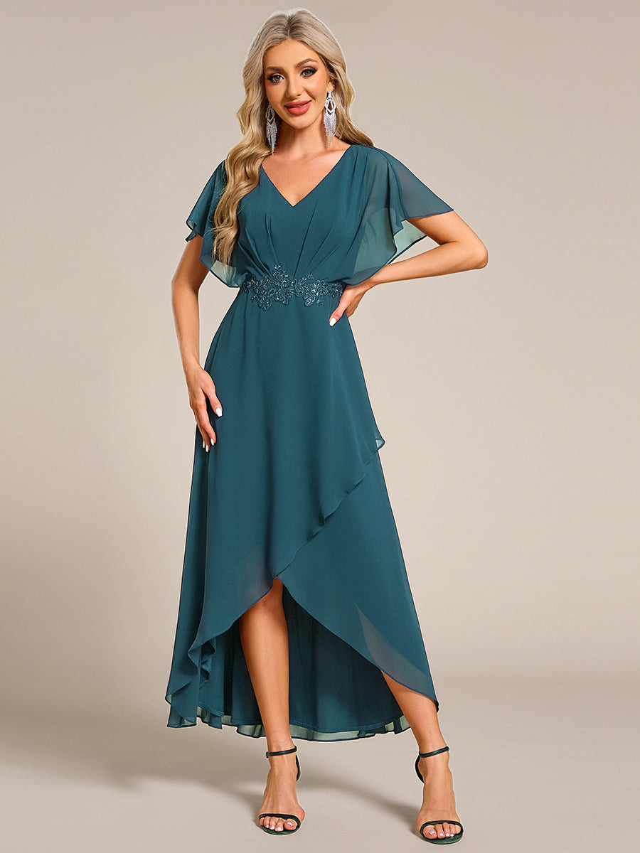 Robe D'invité De Mariage En Mousseline De Soie Mi-Longue Plissée à Manches à Volants Et Col En V #Couleur_Bleu Sarcelle