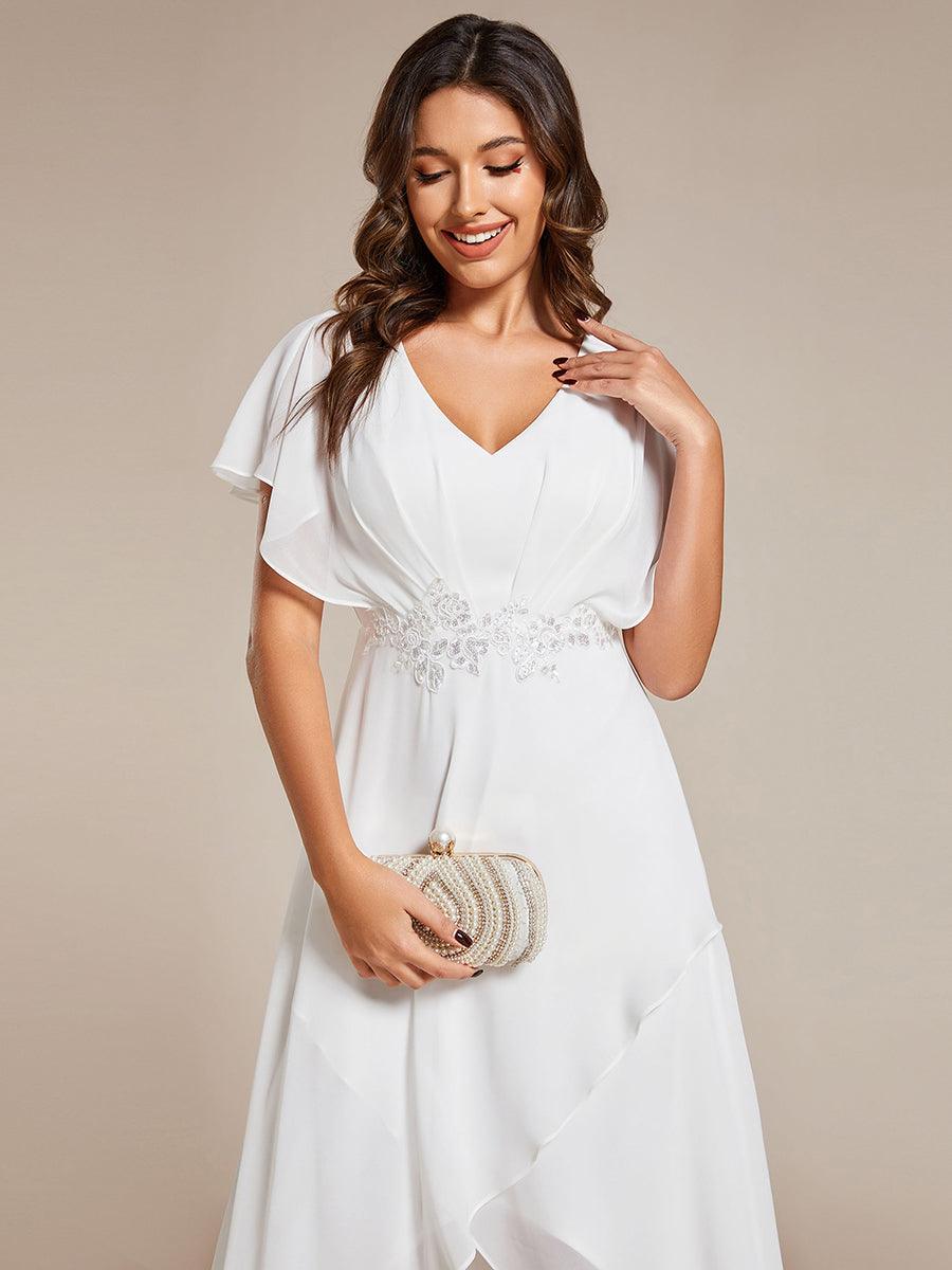 Robe Formelle élégante à Manches Courtes Et Taille Trapèze Avec Ourlet En Feuille De Lotus #Couleur_Blanc