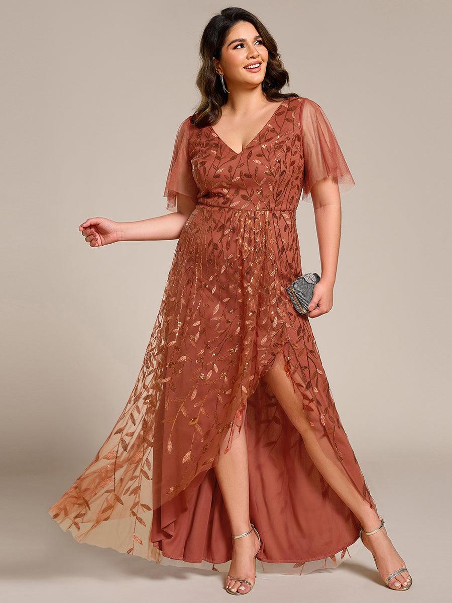 Robes de soirée pailletées à col en V et fente haute #Couleur_Orange Brûlée