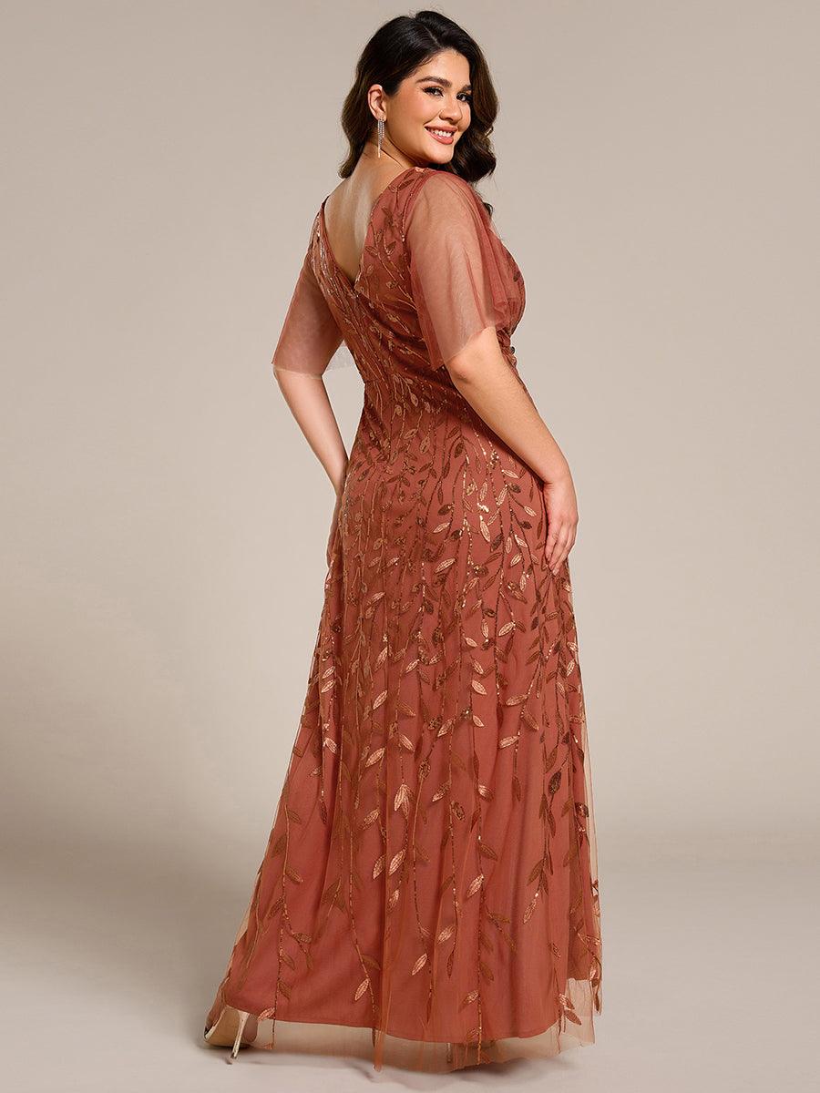 Robes de soirée pailletées à col en V et fente haute #Couleur_Orange Brûlée