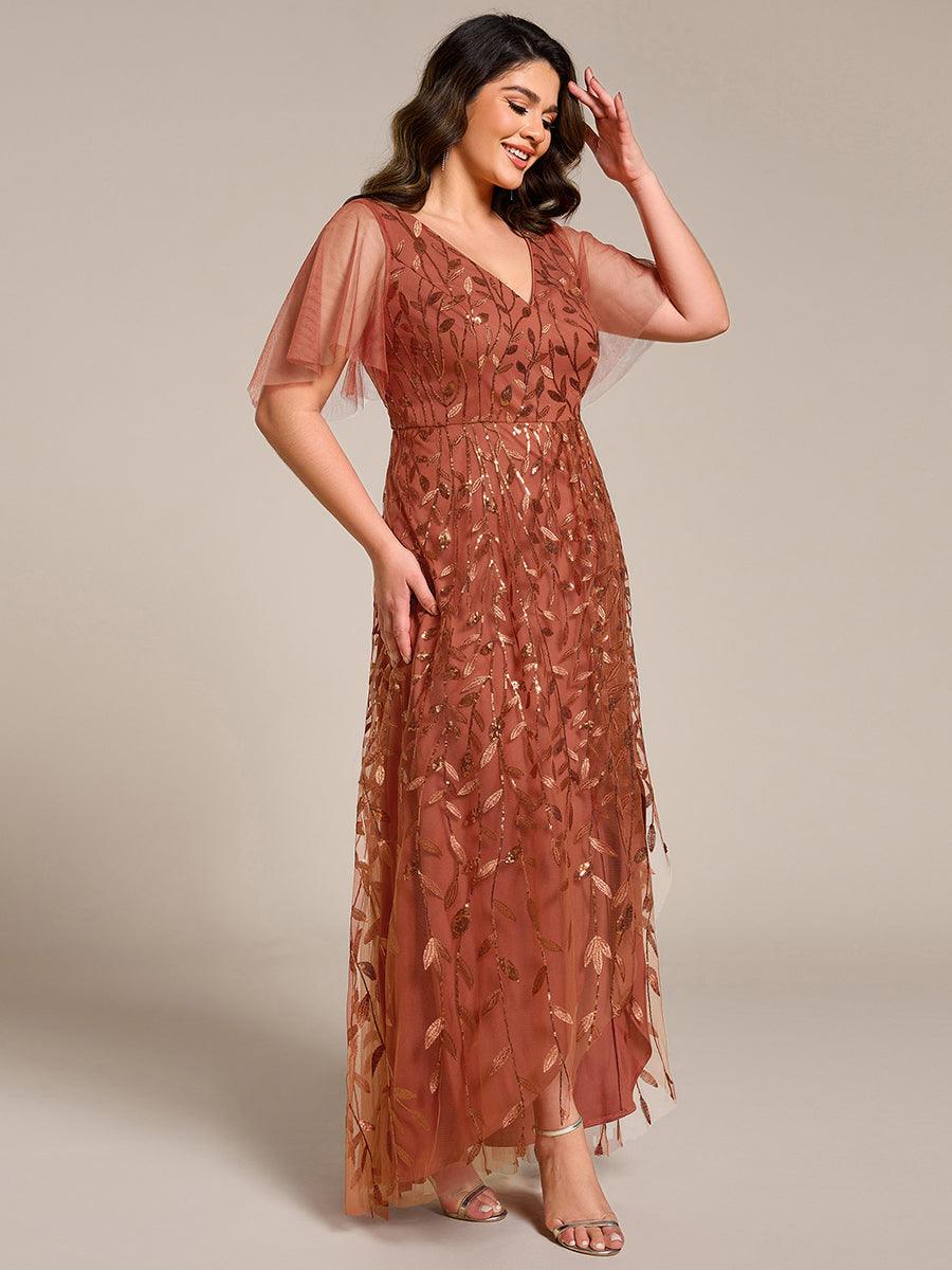 Robes de soirée pailletées à col en V et fente haute #Couleur_Orange Brûlée