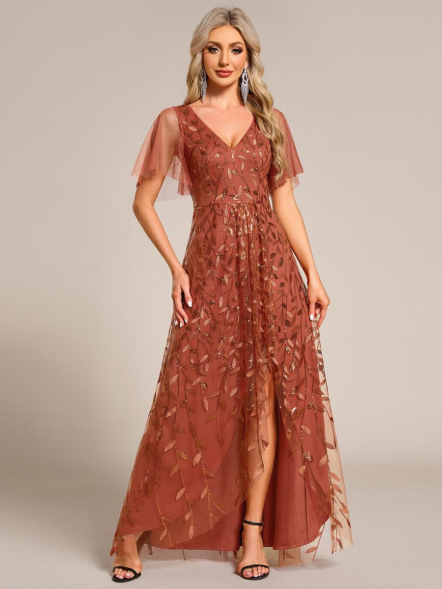 Robes de soirée pailletées à col en V et fente haute #Couleur_Orange Brûlée
