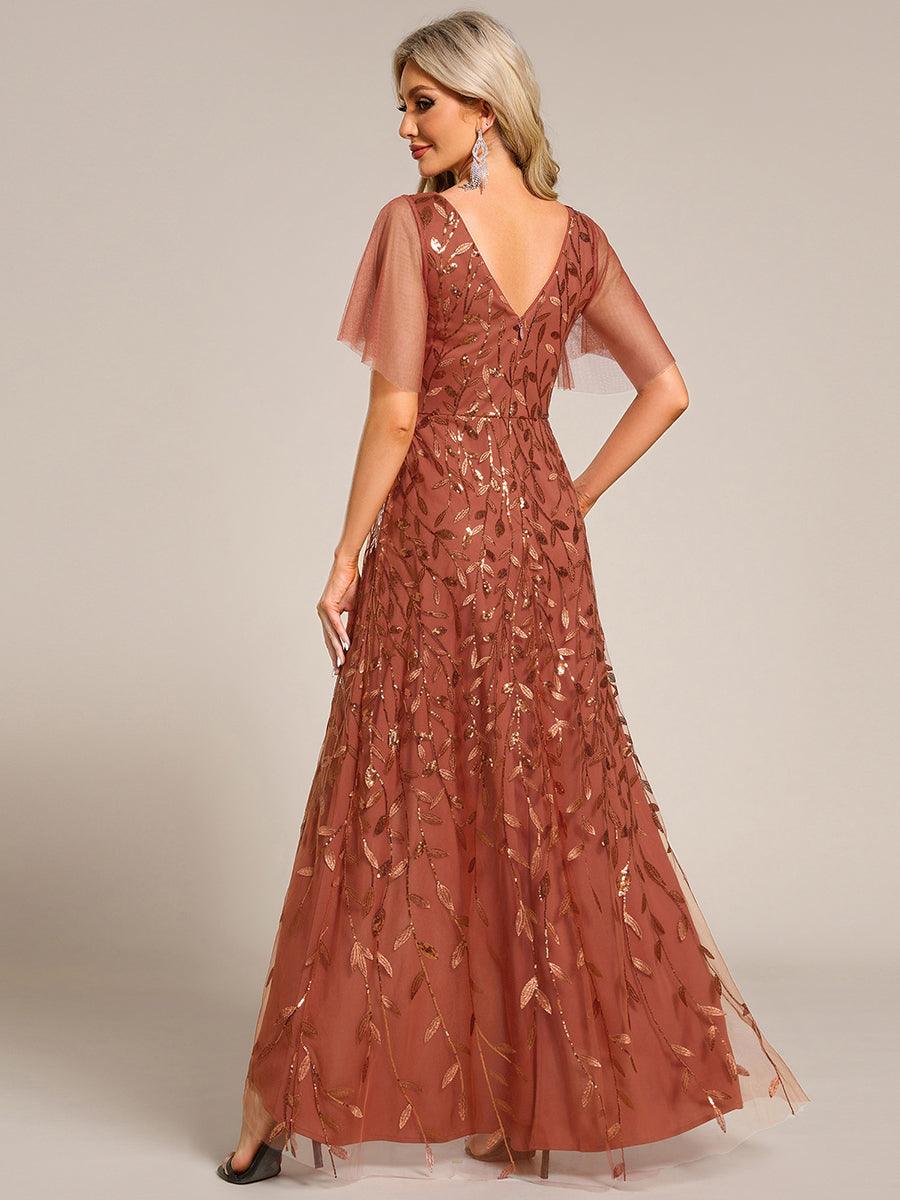 Robes de soirée pailletées à col en V et fente haute #Couleur_Orange Brûlée