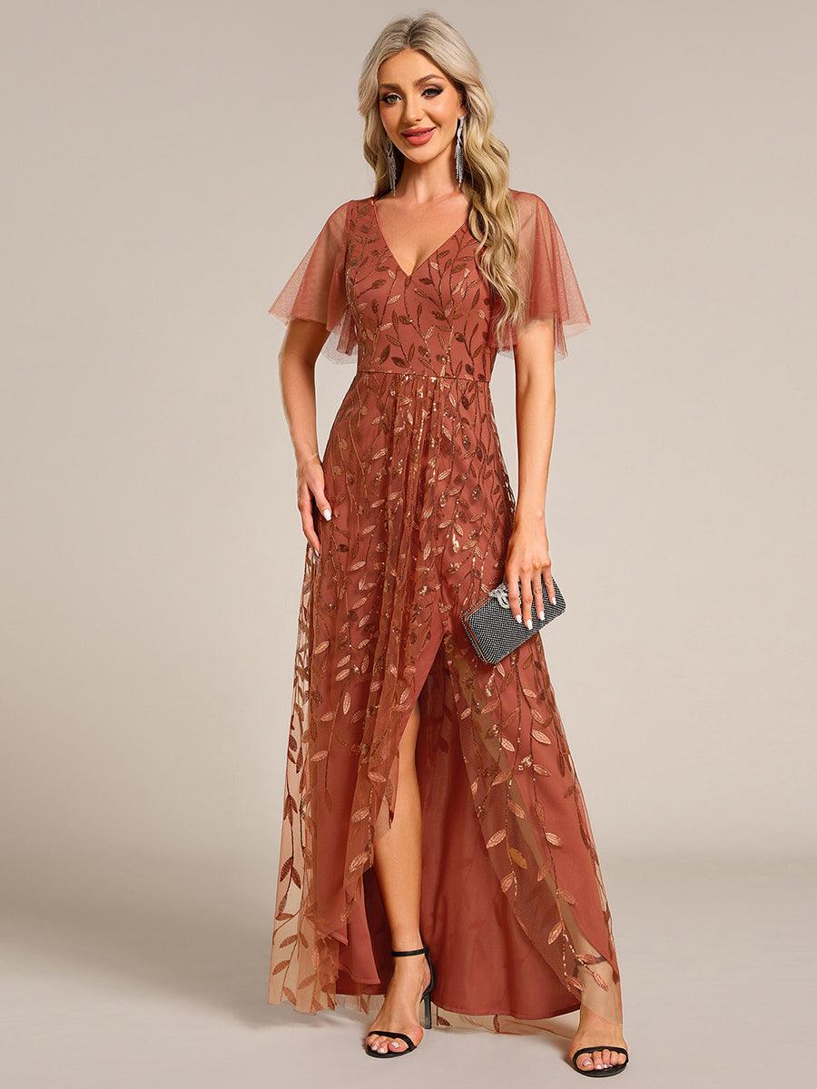 Robes de soirée pailletées à col en V et fente haute #Couleur_Orange Brûlée