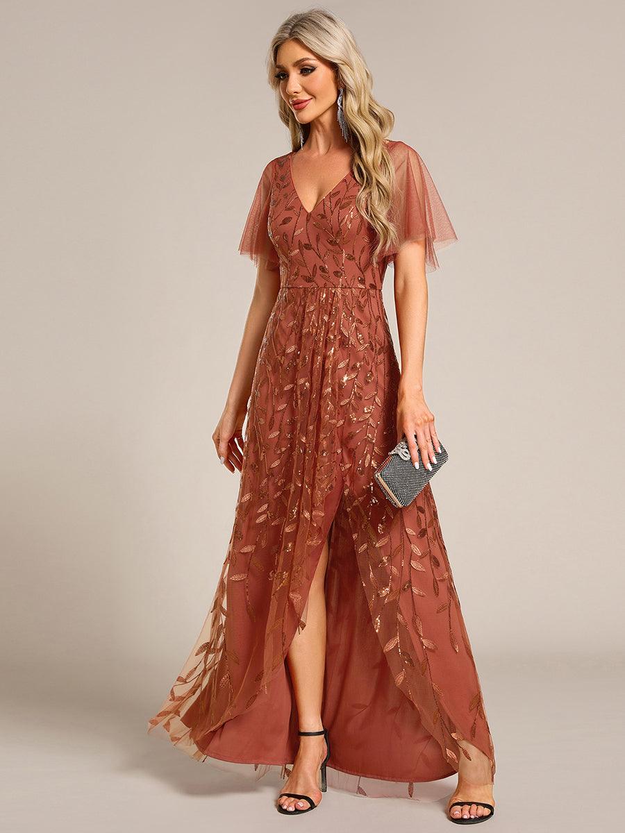 Robes de soirée pailletées à col en V et fente haute #Couleur_Orange Brûlée