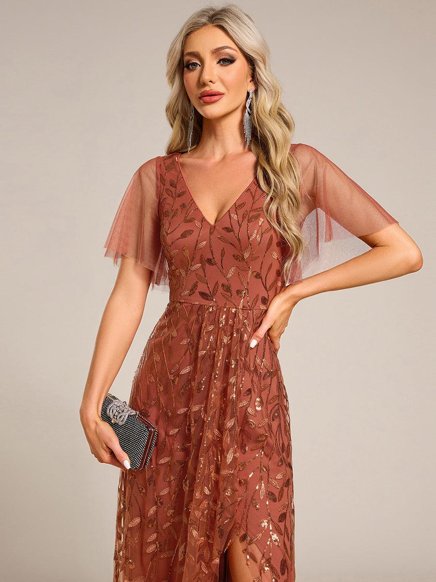Robes de soirée pailletées à col en V et fente haute #Couleur_Orange Brûlée