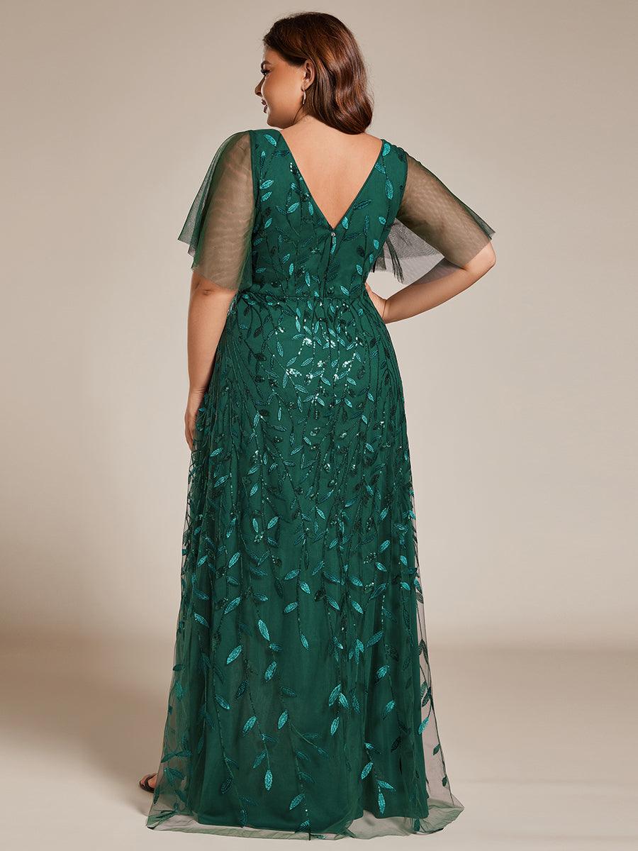 Robes de soirée pailletées à col en V et fente haute #Couleur_Vert Fonce