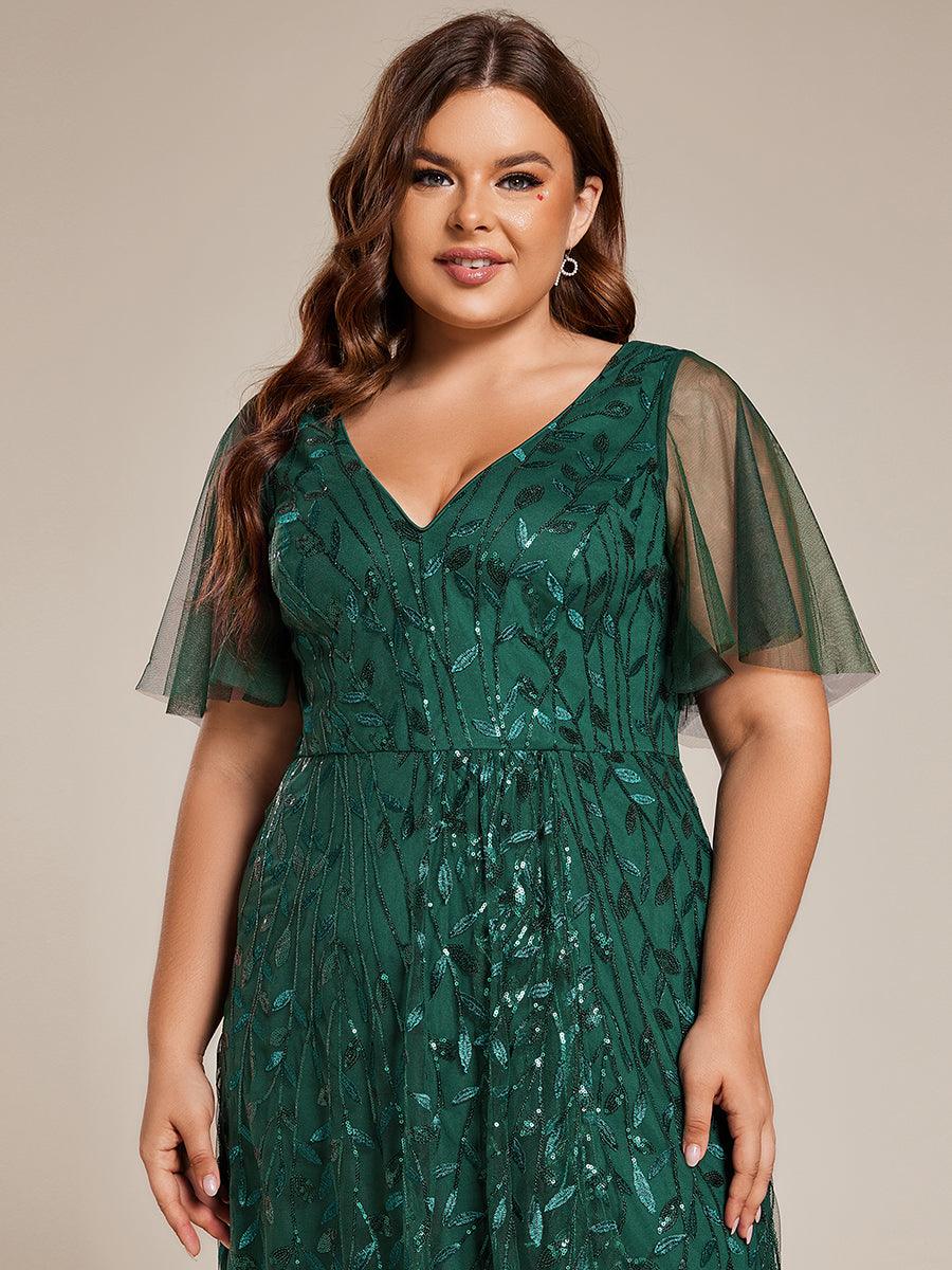 Robes de soirée pailletées à col en V et fente haute #Couleur_Vert Fonce