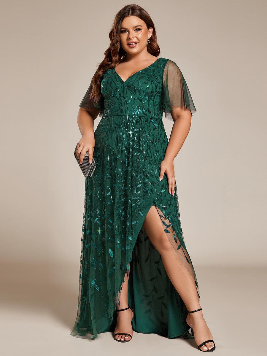 Robes de soirée pailletées à col en V et fente haute #Couleur_Vert Fonce