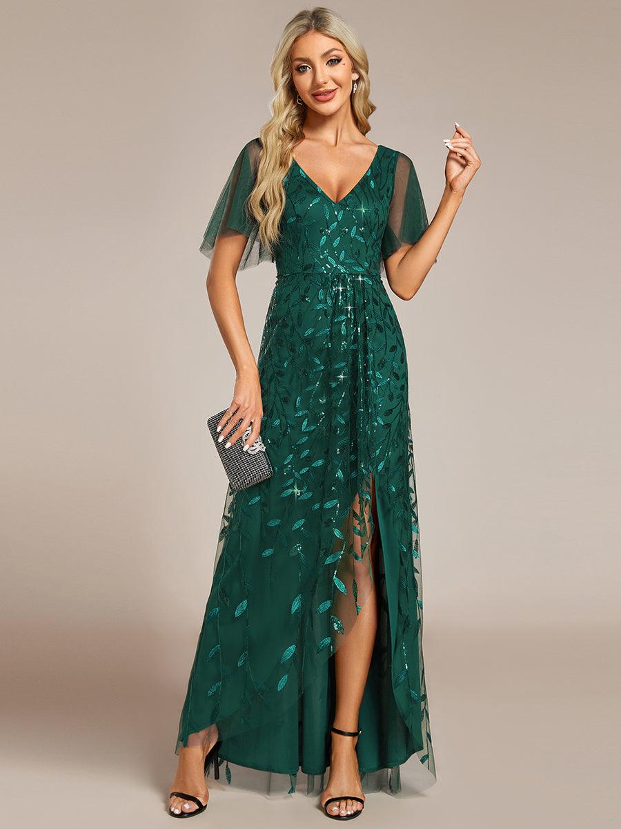Robes de soirée pailletées à col en V et fente haute #Couleur_Vert Fonce