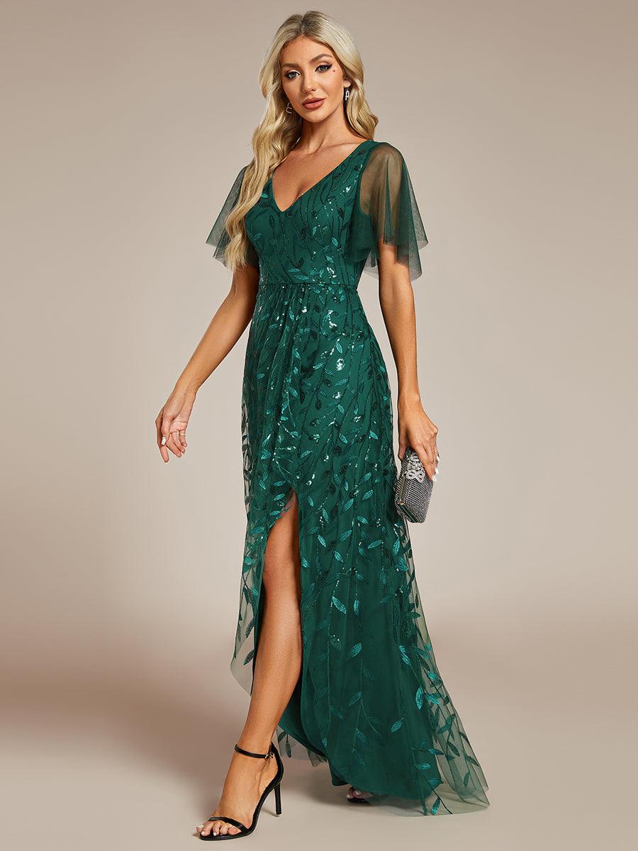 Robes de soirée pailletées à col en V et fente haute #Couleur_Vert Fonce