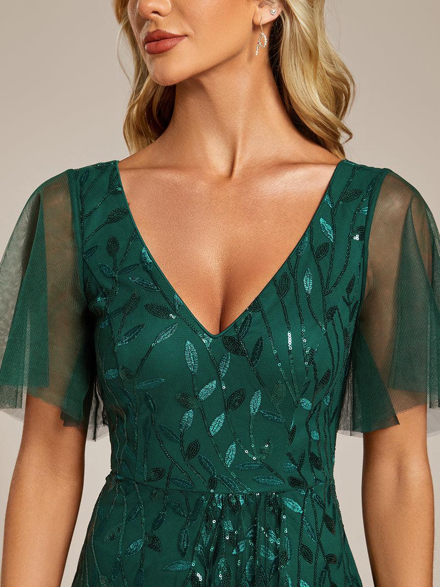 Robes de soirée pailletées à col en V et fente haute #Couleur_Vert Fonce