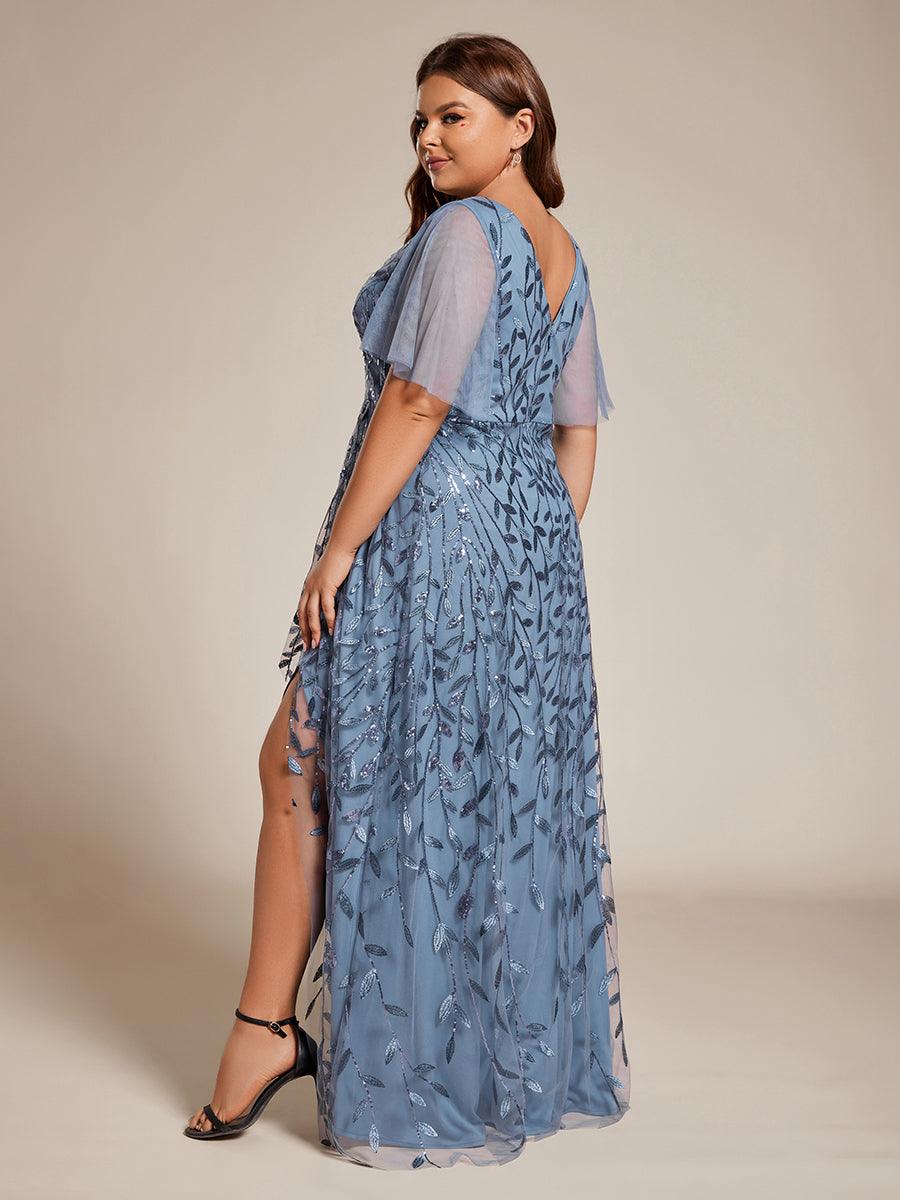Robes de soirée pailletées à col en V et fente haute #Couleur_Marine Fume