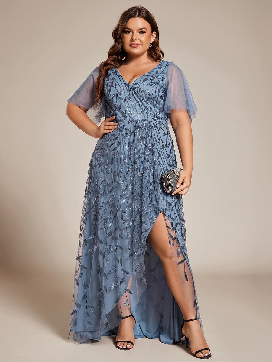 Robes de soirée pailletées à col en V et fente haute #Couleur_Marine Fume