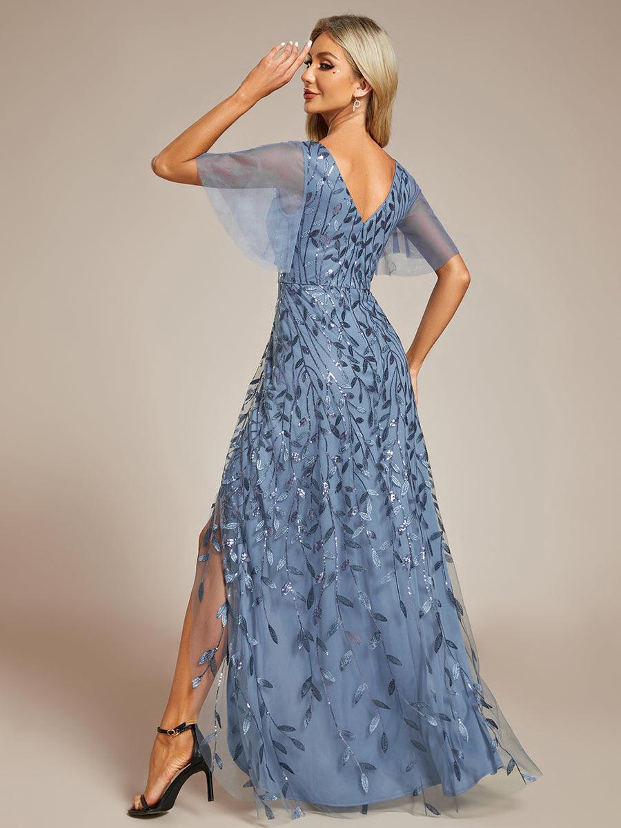 Robes de soirée pailletées à col en V et fente haute #Couleur_Marine Fume