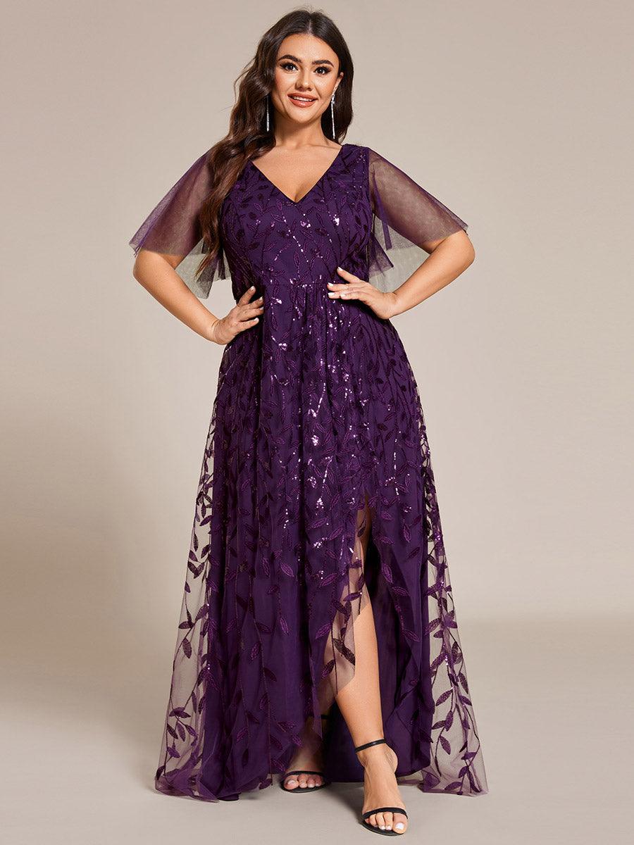 Robes de soirée pailletées à col en V et fente haute #Couleur_Violet Fonce