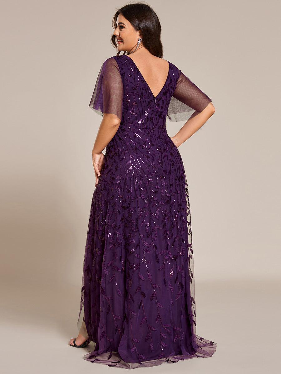 Robes de soirée pailletées à col en V et fente haute #Couleur_Violet Fonce